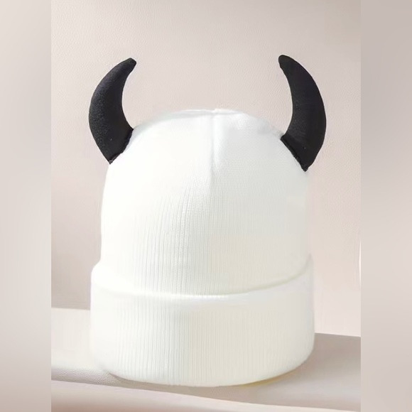 3 pack 1 red 1 pink 1 white knit beanie cap horns devil hat winter goth punk emo - Picture 10 of 12